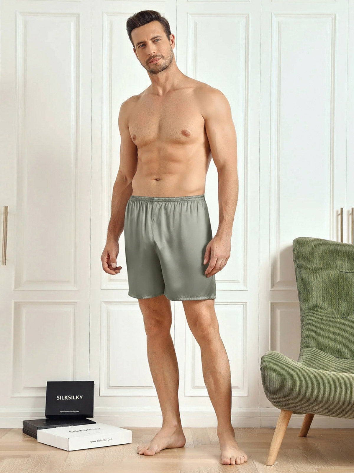 [Grayish Green] SilkSilky-AU Pure Silk Mens Sleep Bottoms 005