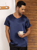 SilkSilky AU Pure Silk Short Sleeve V Neck Men's T Shirt DarkBlue 006