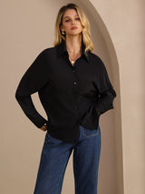 [Black] SilkSilky-AU Long Sleeve Lapel Collar Women's Shirt 003