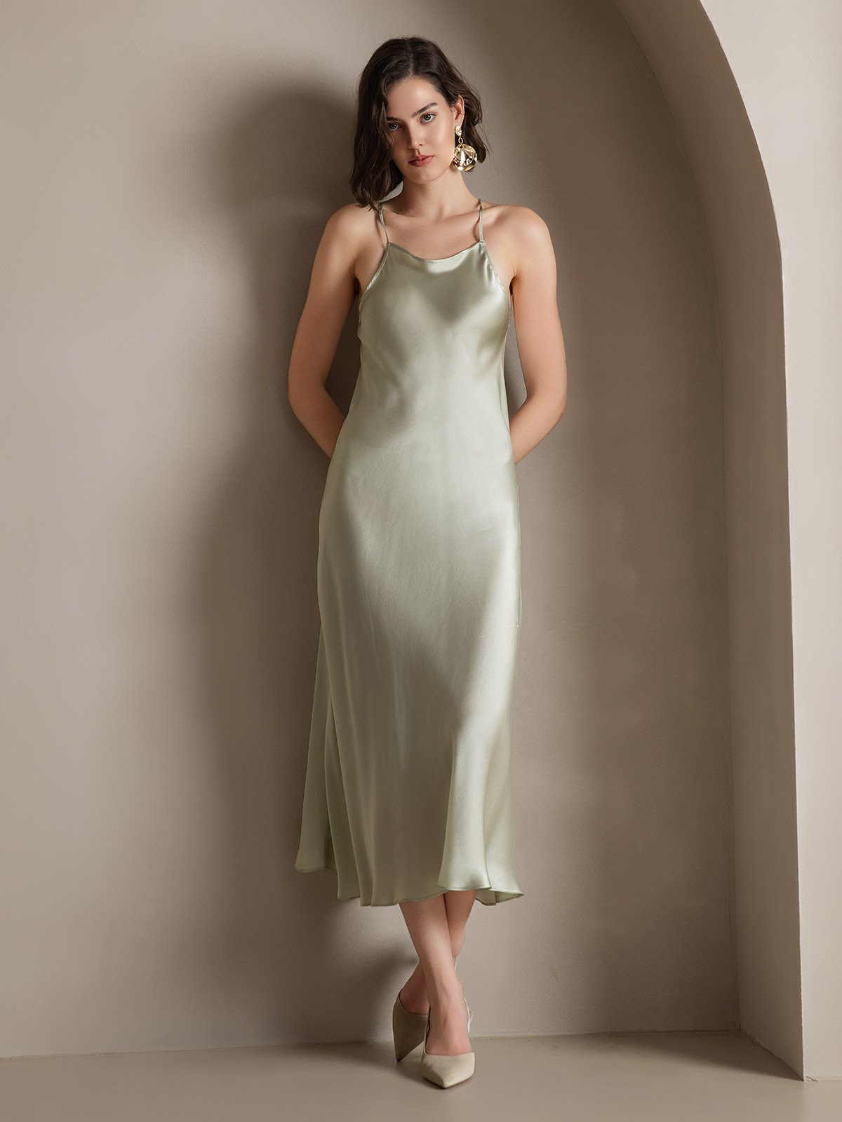 SilkSilky AU 19Momme Silk Sleeveless Dress LightGreen 001