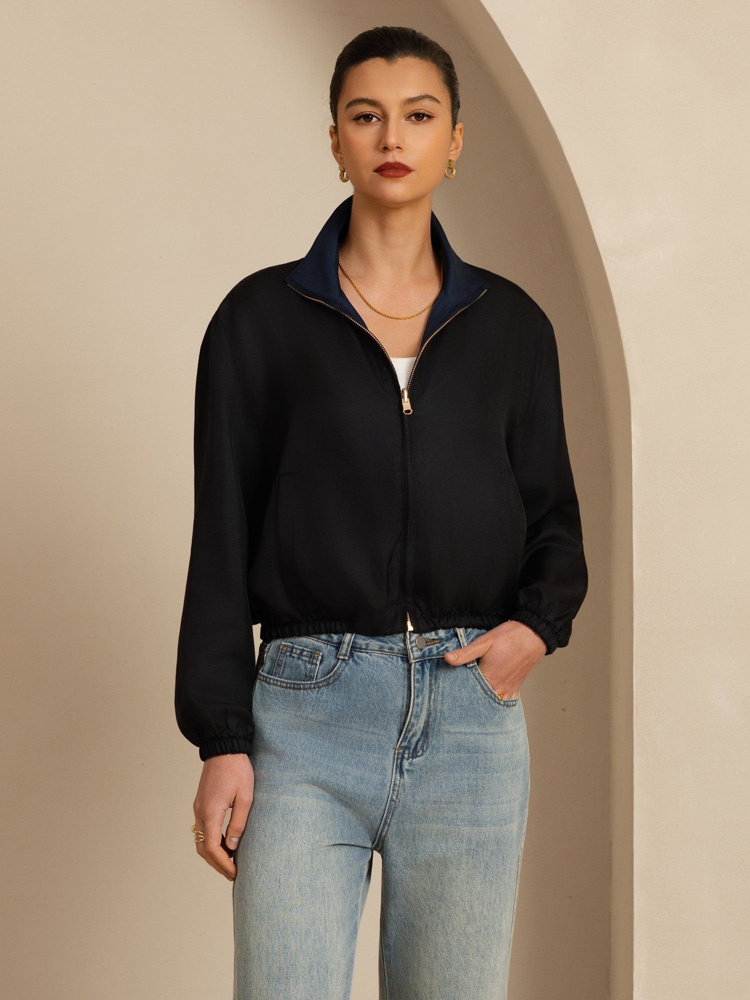 [Black+DarkBlue] SilkSilky-AU 18Momme Silk Satin Surah Long Sleeve Stand Collar Women's Outerwear 005