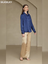SilkSilky-AU 19Momme Stretch Silk Charmeuse Long Sleeve Lapel Collar Women's Shirt video 001