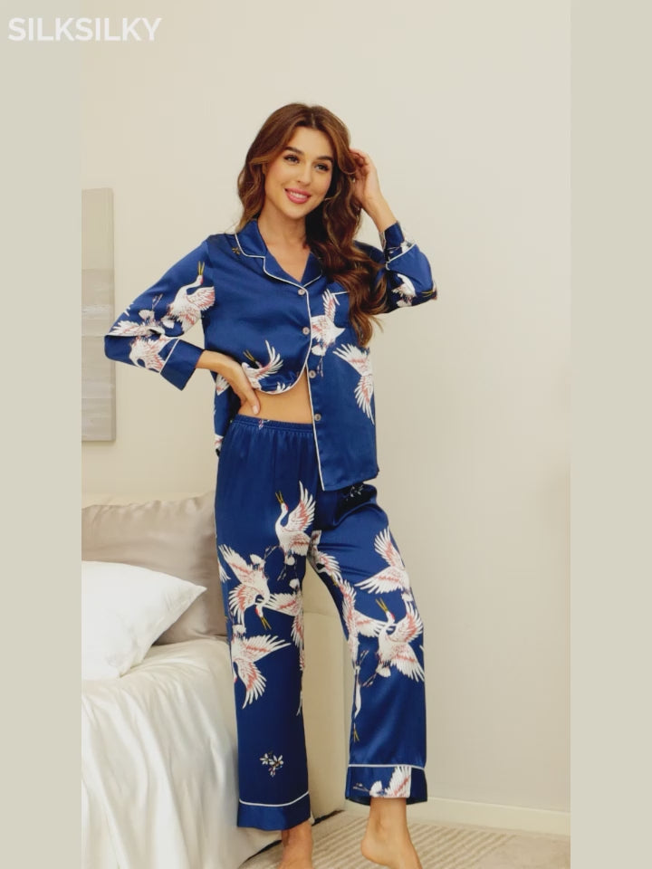 SilkSilky-AU 19Momme Pure Silk Long Sleeve Lapel Women's Pyjamas video 001