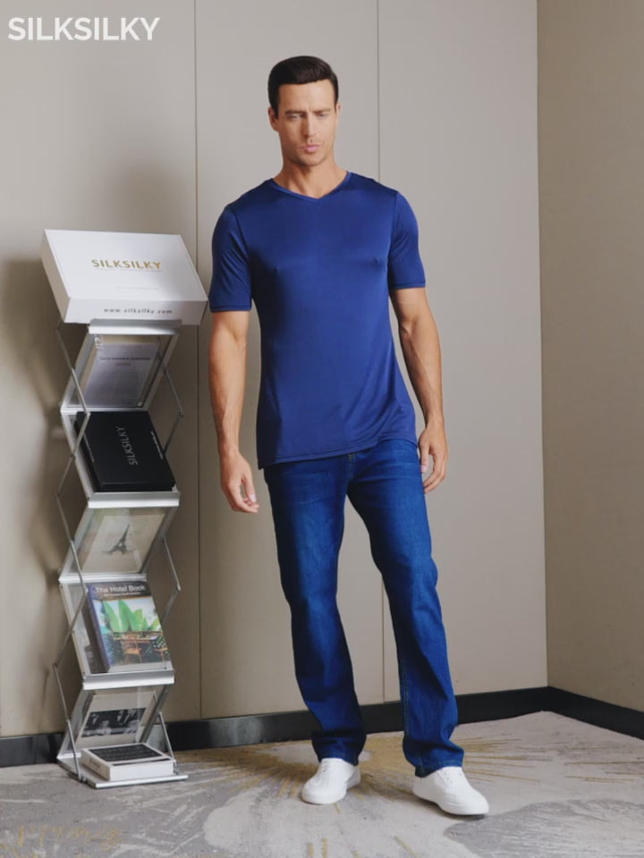 SilkSilky-AU-Silk-Knitted-Short-Sleeve-V-Neck-Men's-T-Shirt-video-001