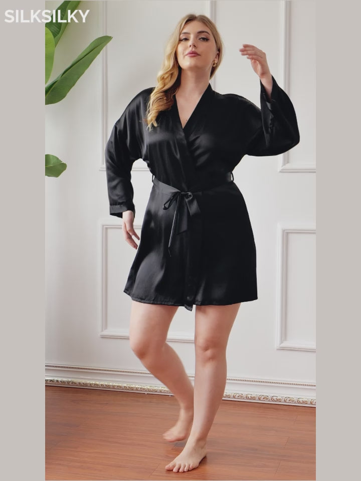 SilkSilky-AU Pure Silk Long Sleeve Deep V Neck Plus Size Dressing Gown video 001