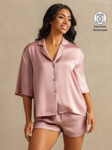 [Peach Skin] SilkSilky-AU 19Momme Machine-Washable Silk Half Sleeve Notch Collar Women's Pyjamas 001