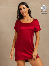 [Wine] SilkSilky-AU 19Momme Machine-Washable Silk Short Sleeve Round Neck Nightgown 001