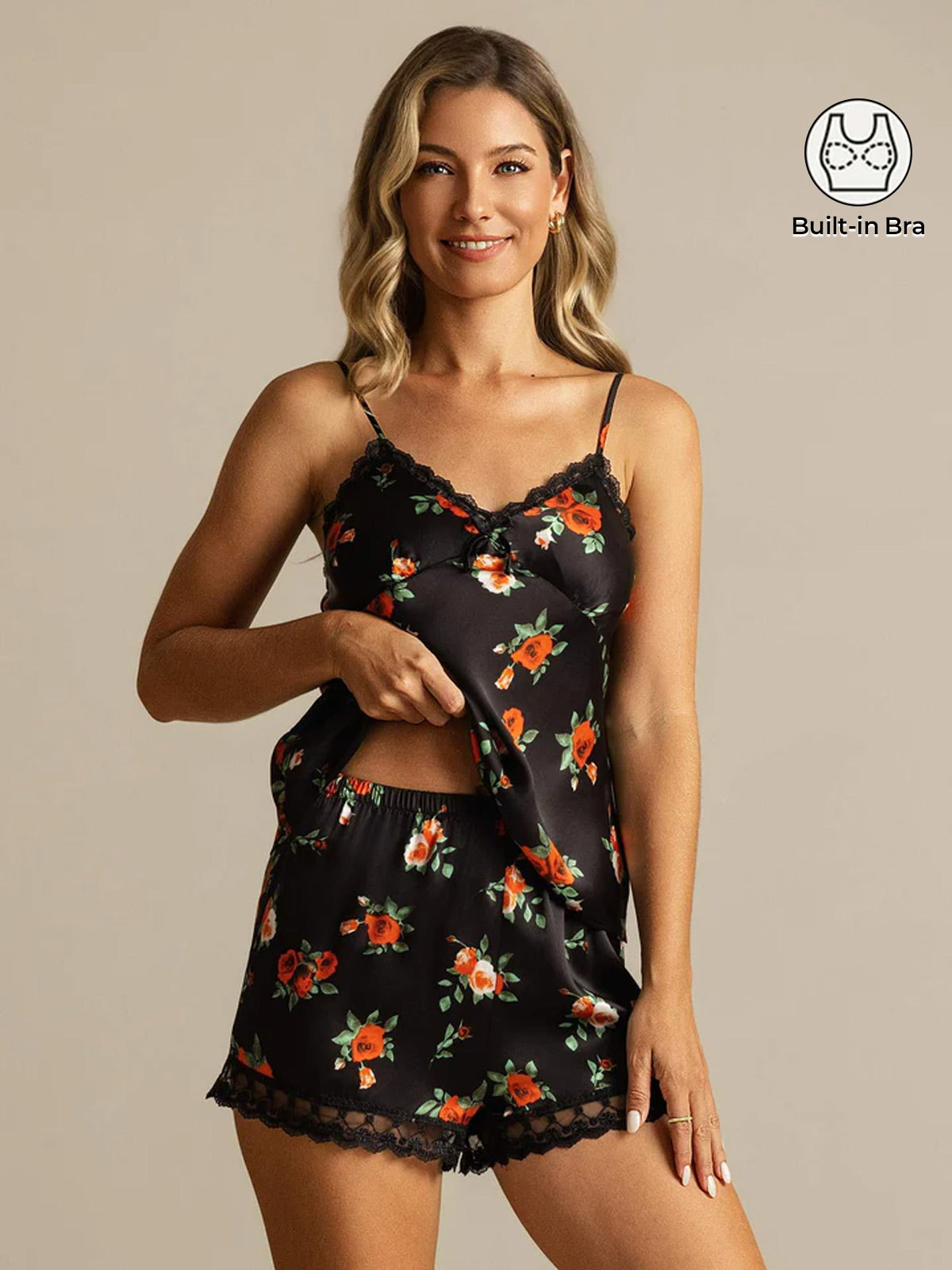 Pure Silk Flower Print Spaghetti Strap Camisole Set with Built-in Bra