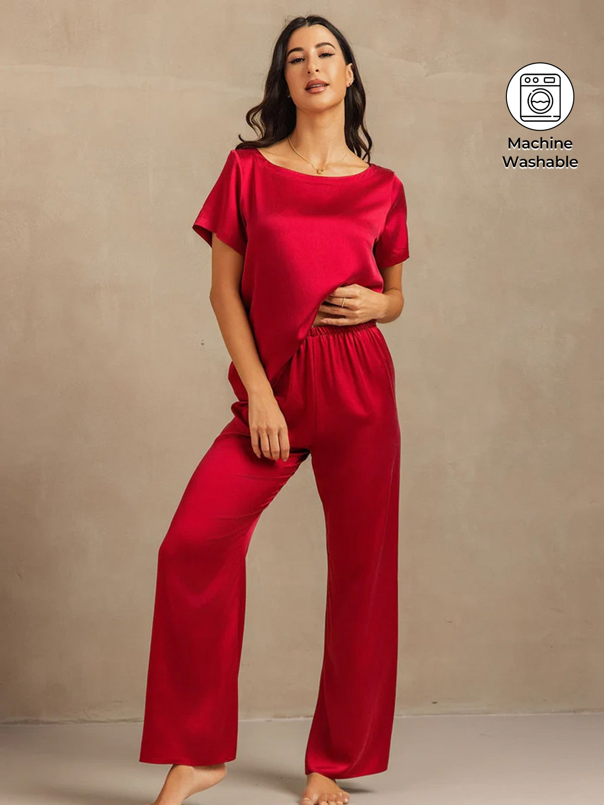 [Wine] SilkSilky-AU 19Momme Machine-Washable Silk Short Sleeve Women's Pyjamas 001