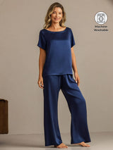 [Dark Blue] SilkSilky-AU 19Momme Machine-Washable Silk Short Sleeve Women's Pyjamas 001