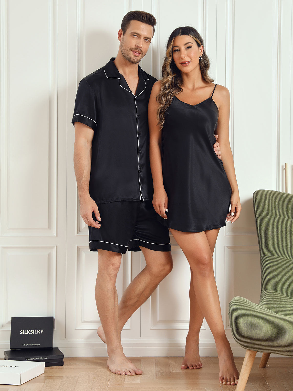 Pure Silk Couple Short Pyjama Set & Slip Nightdress