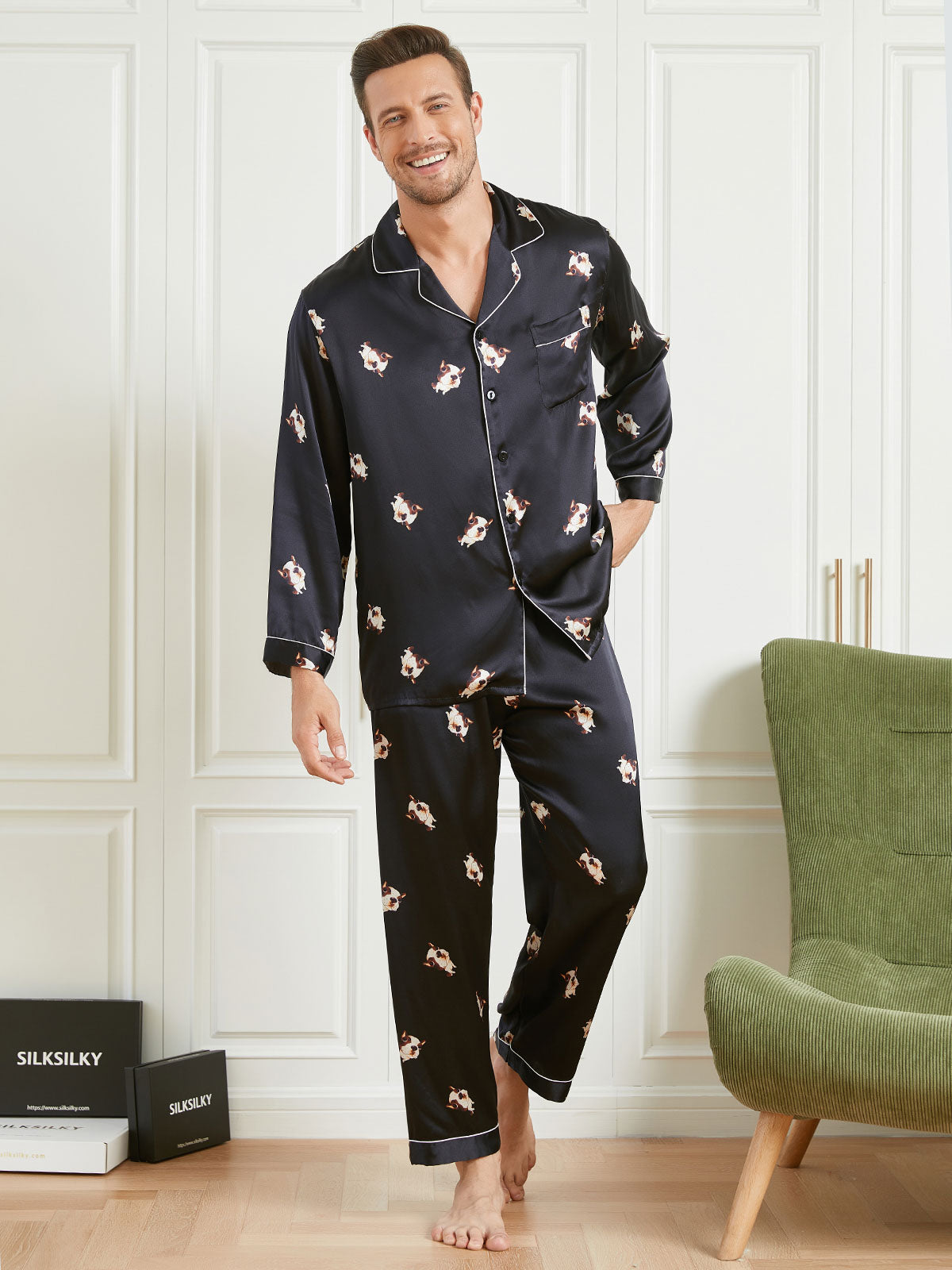 2Pcs Pure Silk Dog Pattern Button Up Mens Pyjamas