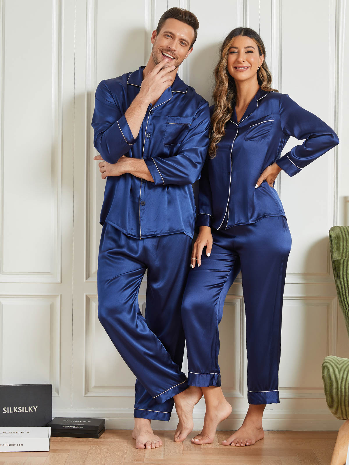 SilkSilky AU Pure Silk Long Sleeve Couple DarkBlue 001