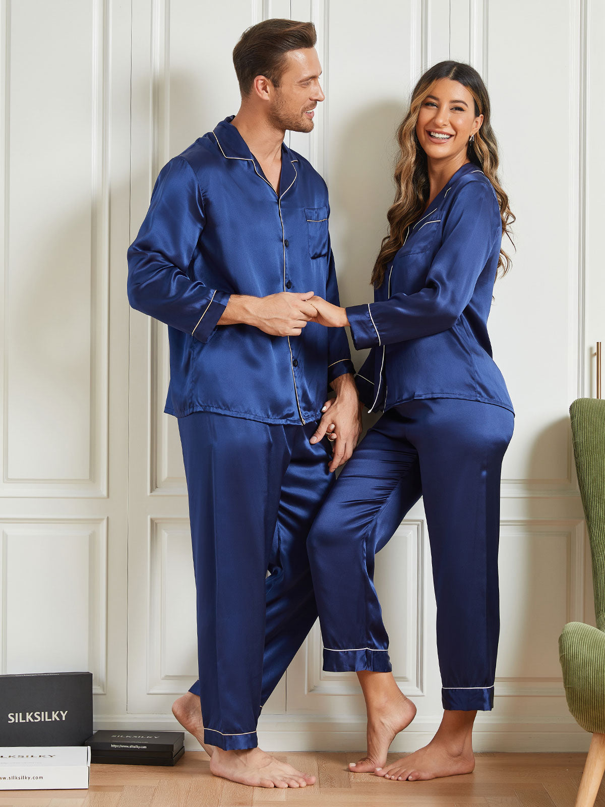 SilkSilky AU Pure Silk Long Sleeve Couple DarkBlue 003