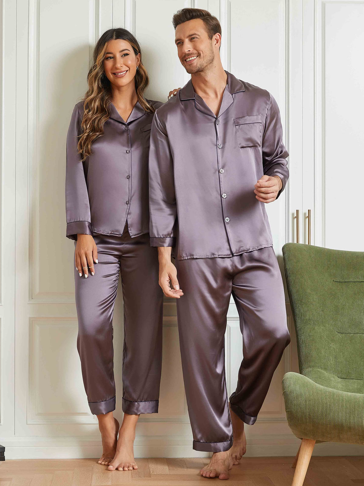 Couple Pure Silk Long Pajama Sets Total 4Pcs