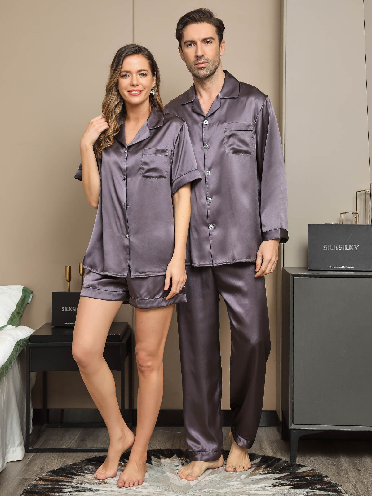 [Purple Gray] SilkSilky-AU Pure Silk Short Sleeve Couple 001