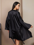 SilkSilky AU Pure Silk V Neck Nightgown&Dressing Gown Set Black 002