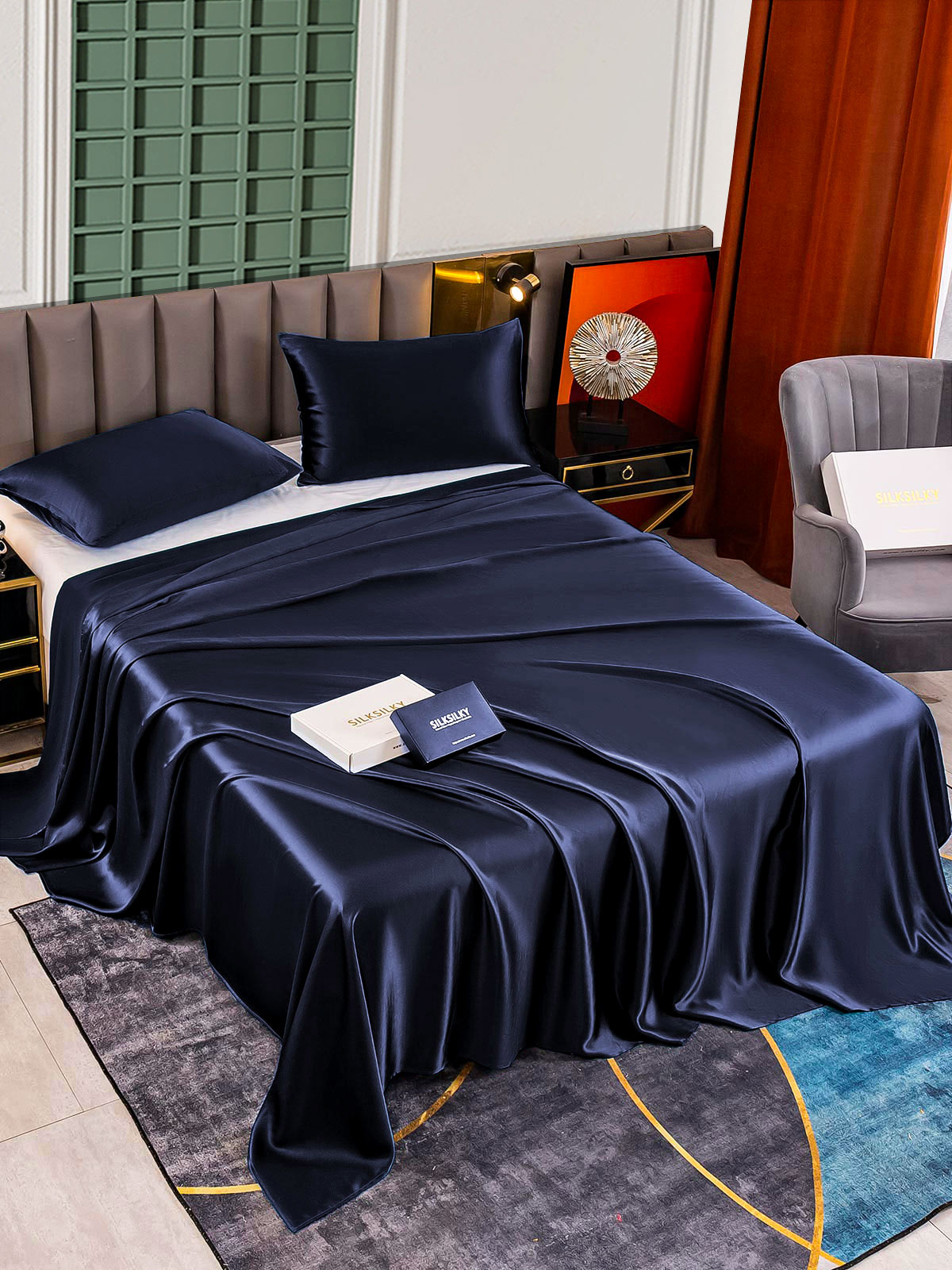 SilkSilky AU 25Momme Pure Silk Bedding Set DarkBlue 002