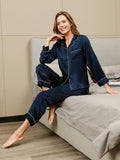 SilkSilky AU Pure Silk Long Sleeve Lapel Women's Pyjamas DarkBlue 002