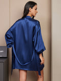 SilkSilky AU Pure Silk V Neck Nightgown&Dressing Gown Set DarkBlue 002