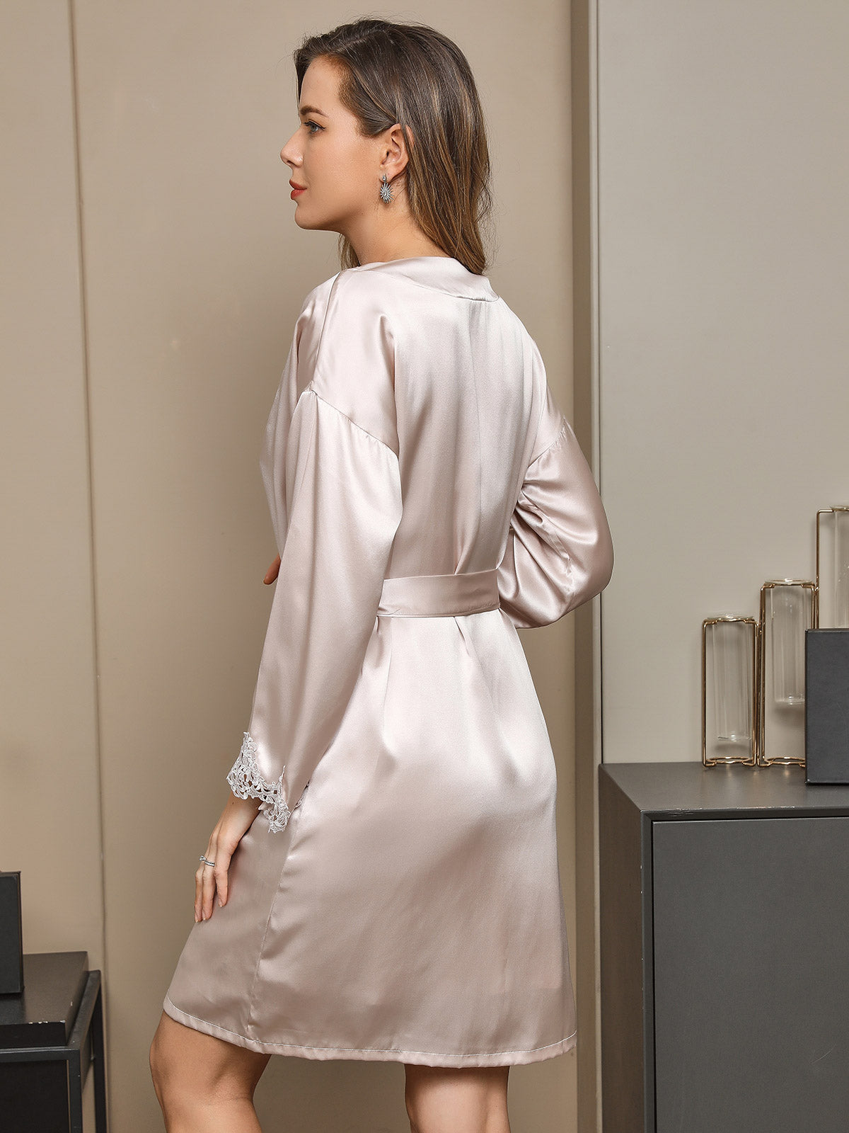 [Beige] SilkSilky-AU Pure Silk Long Sleeve Nightgown&Robe Set 003