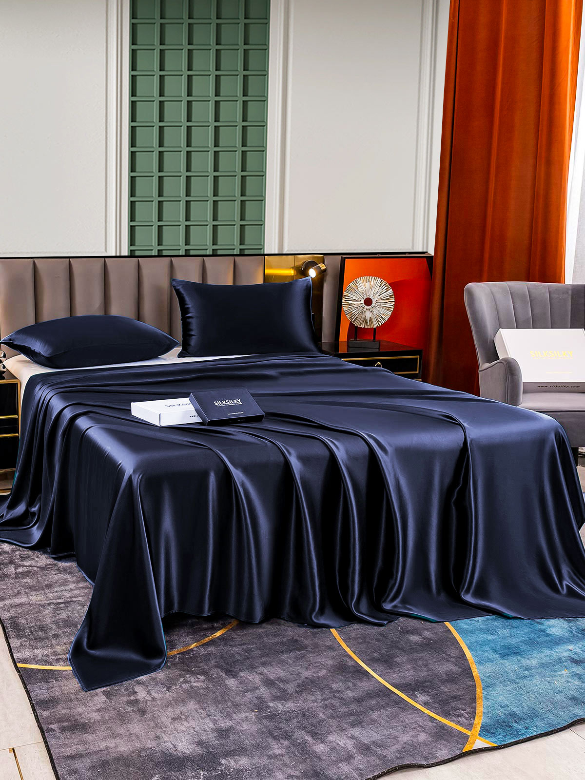 [Dark Blue] SilkSilky-AU 25Momme Pure Silk Bedding Set 003