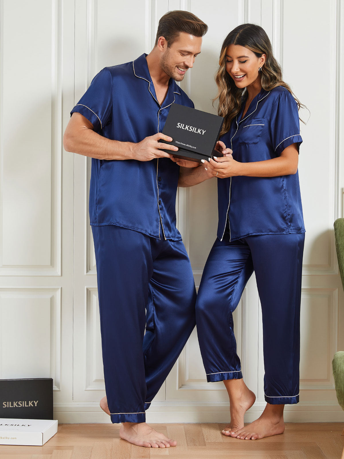 [Dark Blue] SilkSilky-AU Pure Silk Short Sleeve Couple 003