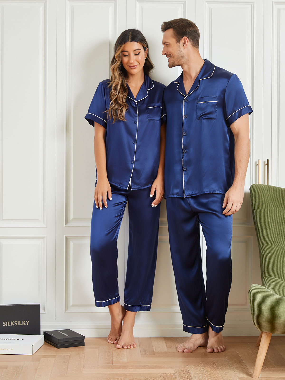 [Dark Blue] SilkSilky-AU Pure Silk Short Sleeve Couple 004