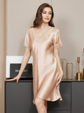 SilkSilky AU Pure Silk Short Sleeve V Neck Nightgown Champagne 001