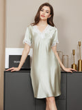 SilkSilky AU Pure Silk Short Sleeve V Neck Nightgown MintGreen 001