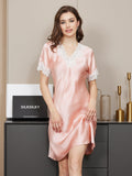 SilkSilky AU Pure Silk Short Sleeve V Neck Nightgown Pink 003