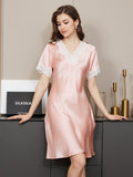 SilkSilky AU Pure Silk Short Sleeve V Neck Nightgown Pink 005