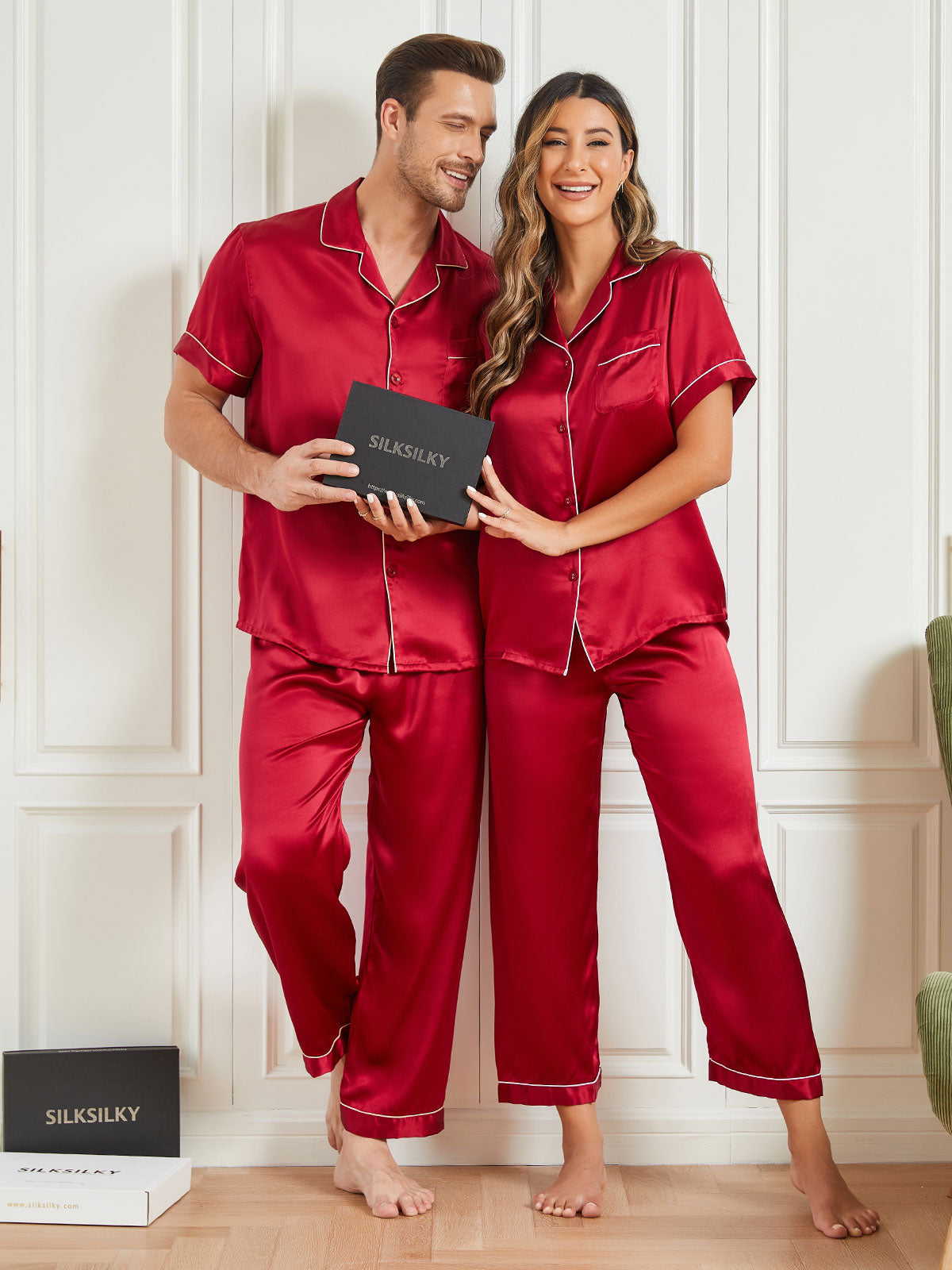 [Wine] SilkSilky-AU Pure Silk Short Sleeve Couple 004