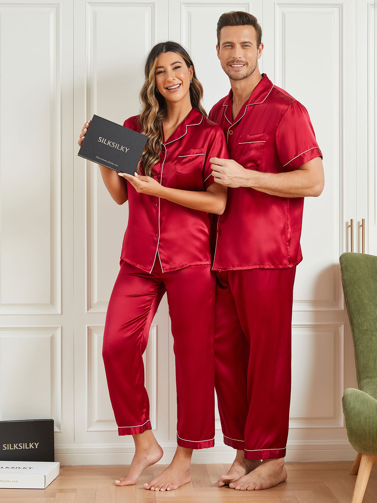 [Wine] SilkSilky-AU Pure Silk Short Sleeve Couple 005